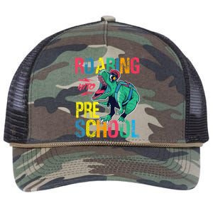 Roaring Into Preschool Dinosaur First School Day School Dino Retro Rope Trucker Hat Cap