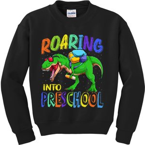 Roaring Into Preschool Dinosaur T Rex Back to School Kids Sweatshirt