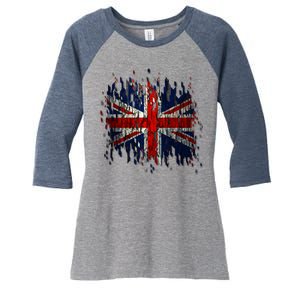 Ripped UK Great Britain Union Jack Torn Flag Women's Tri-Blend 3/4-Sleeve Raglan Shirt