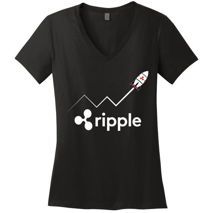 Ripple XRP To the Moon Crypto Rocket Chart Women's V-Neck T-Shirt