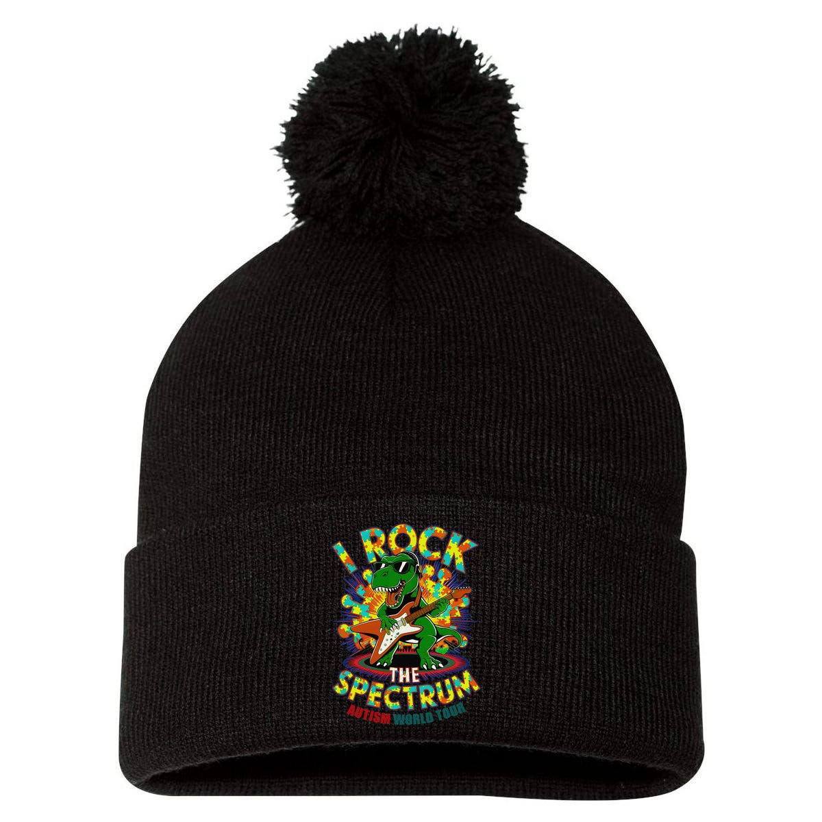 Rockstar I ROCK THE SPECTRUM Autism Awareness Mom Dad Pom Pom 12in Knit Beanie
