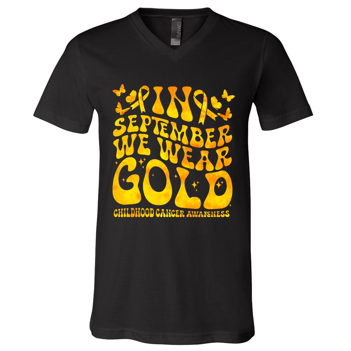 Retro In September We Wear Gold Childhood Cancer Awareness V-Neck T-Shirt