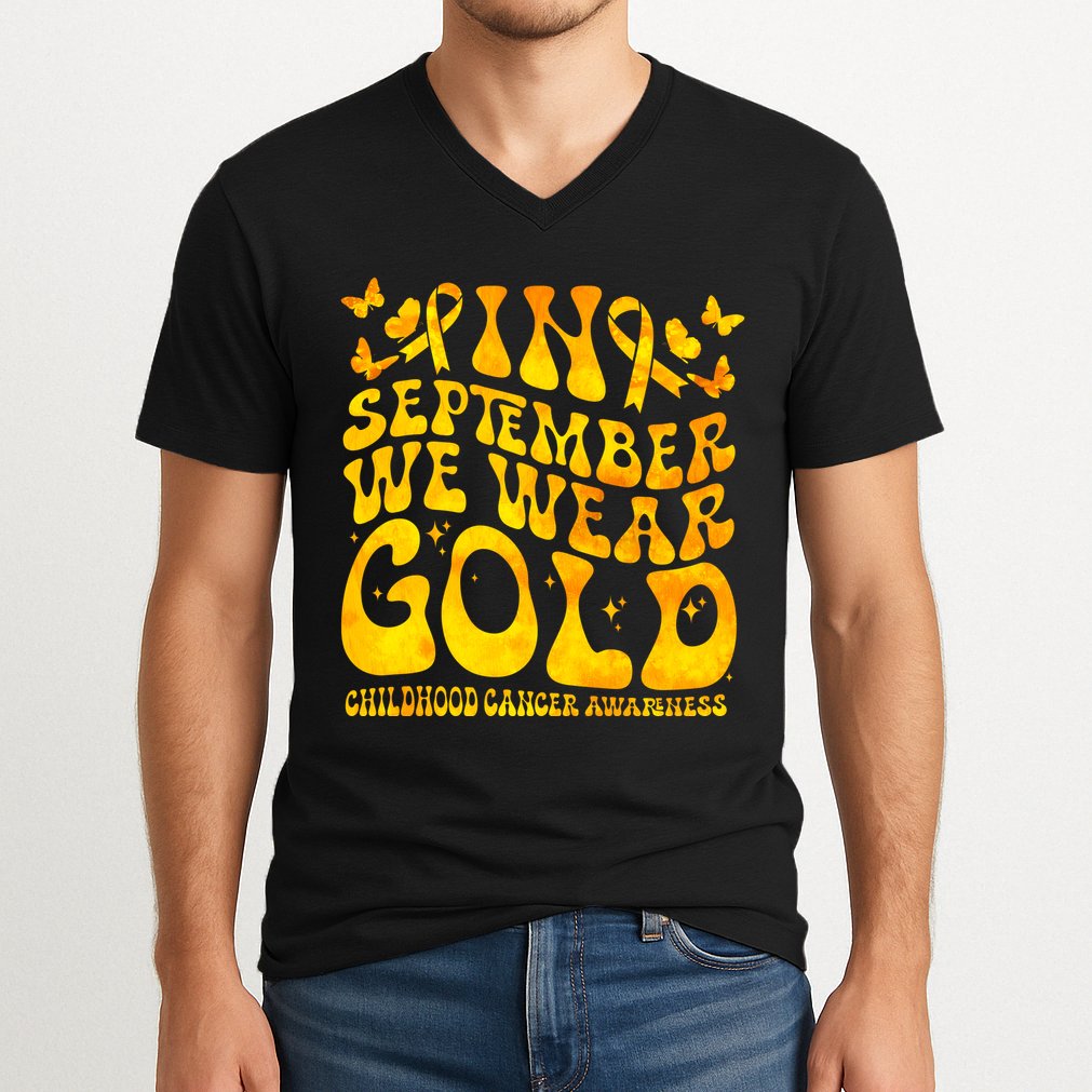 Retro In September We Wear Gold Childhood Cancer Awareness V-Neck T-Shirt