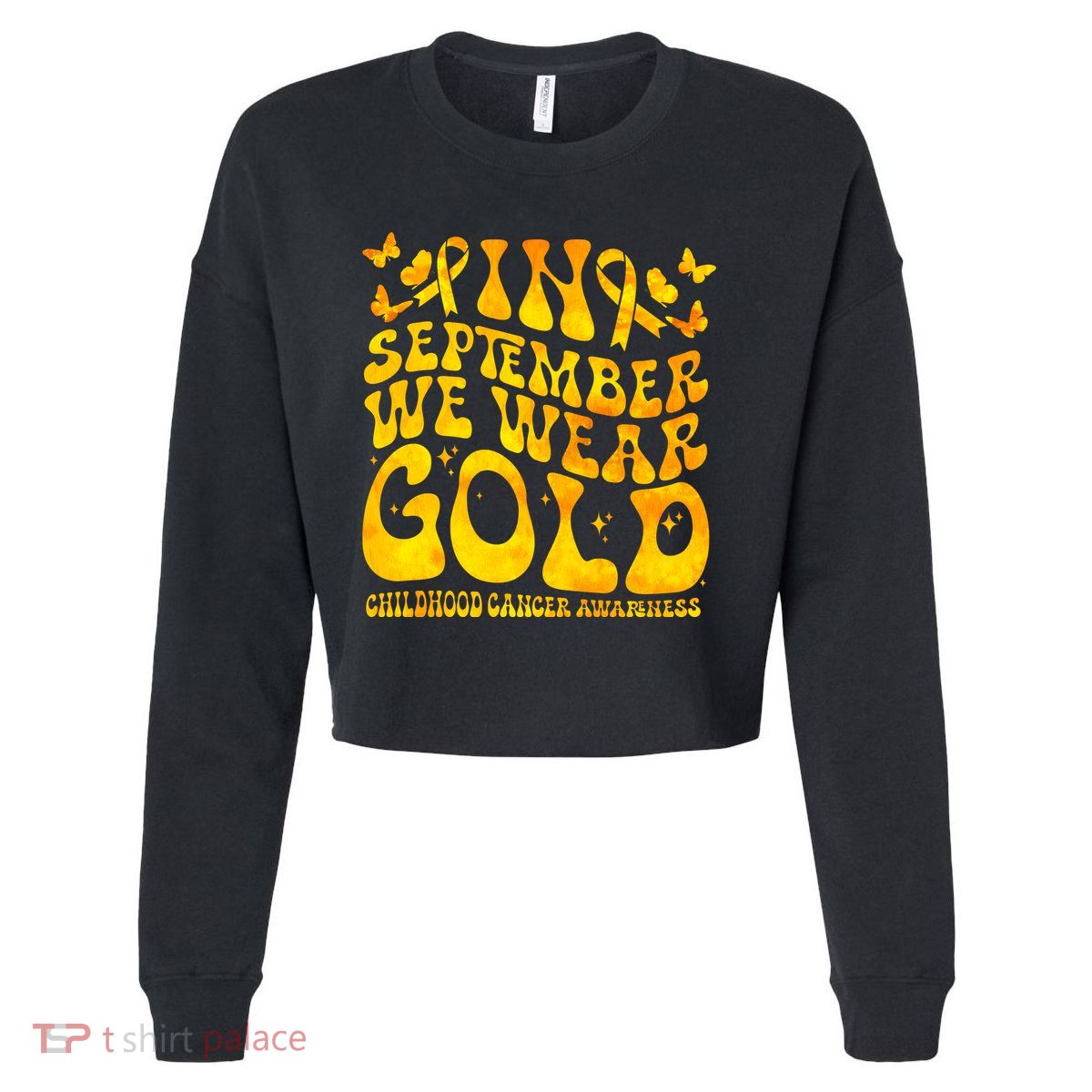 Retro In September We Wear Gold Childhood Cancer Awareness Cropped Pullover Crew