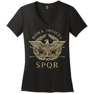 Roma Invicta Spqr Roman Eagle Distressed Women's V-Neck T-Shirt