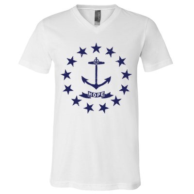 Rhode Island State Flag Distressed Blue Providence Rhode V-Neck T-Shirt