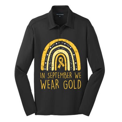 Rainbow In September We Wear Gold Childhood Cancer Awareness Silk Touch Performance Long Sleeve Polo