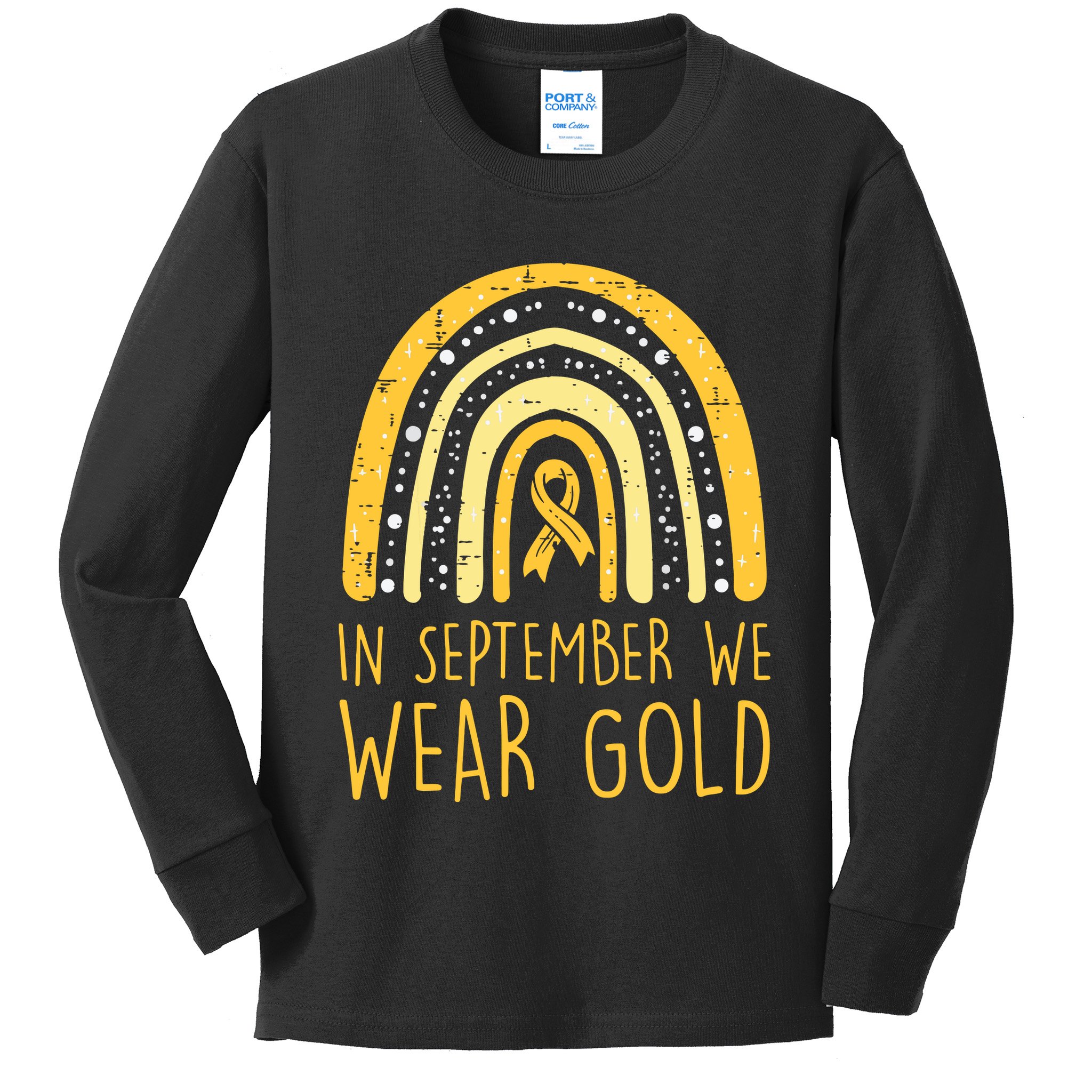 Rainbow In September We Wear Gold Childhood Cancer Awareness Kids Long Sleeve Shirt