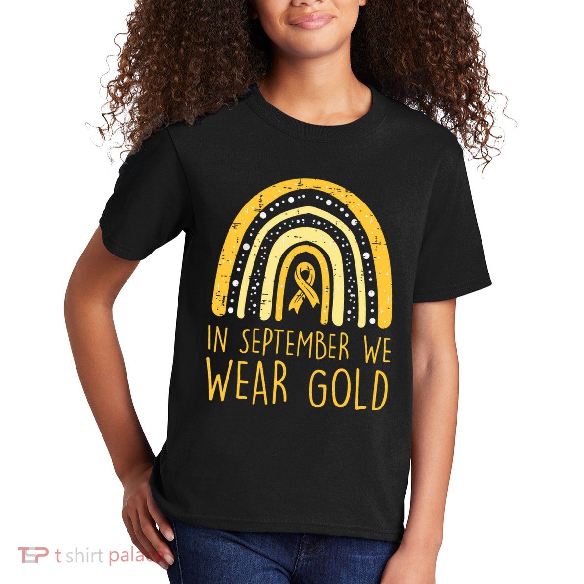 Rainbow In September We Wear Gold Childhood Cancer Awareness Kids T-Shirt