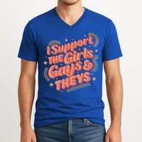 Retro I Support The Girl Gays And Theys Ally Pride Month V-Neck T-Shirt