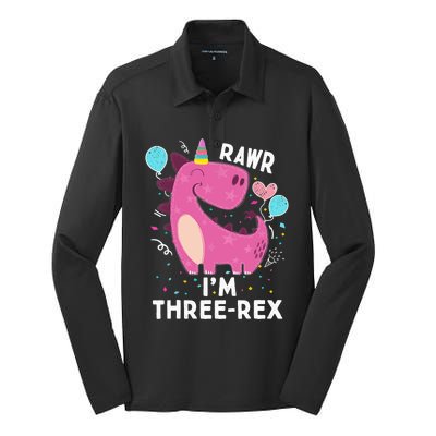 Rawr I'm Three-Rex 3rd Birthday Gifts 3 Year Old Dinosaur Silk Touch Performance Long Sleeve Polo