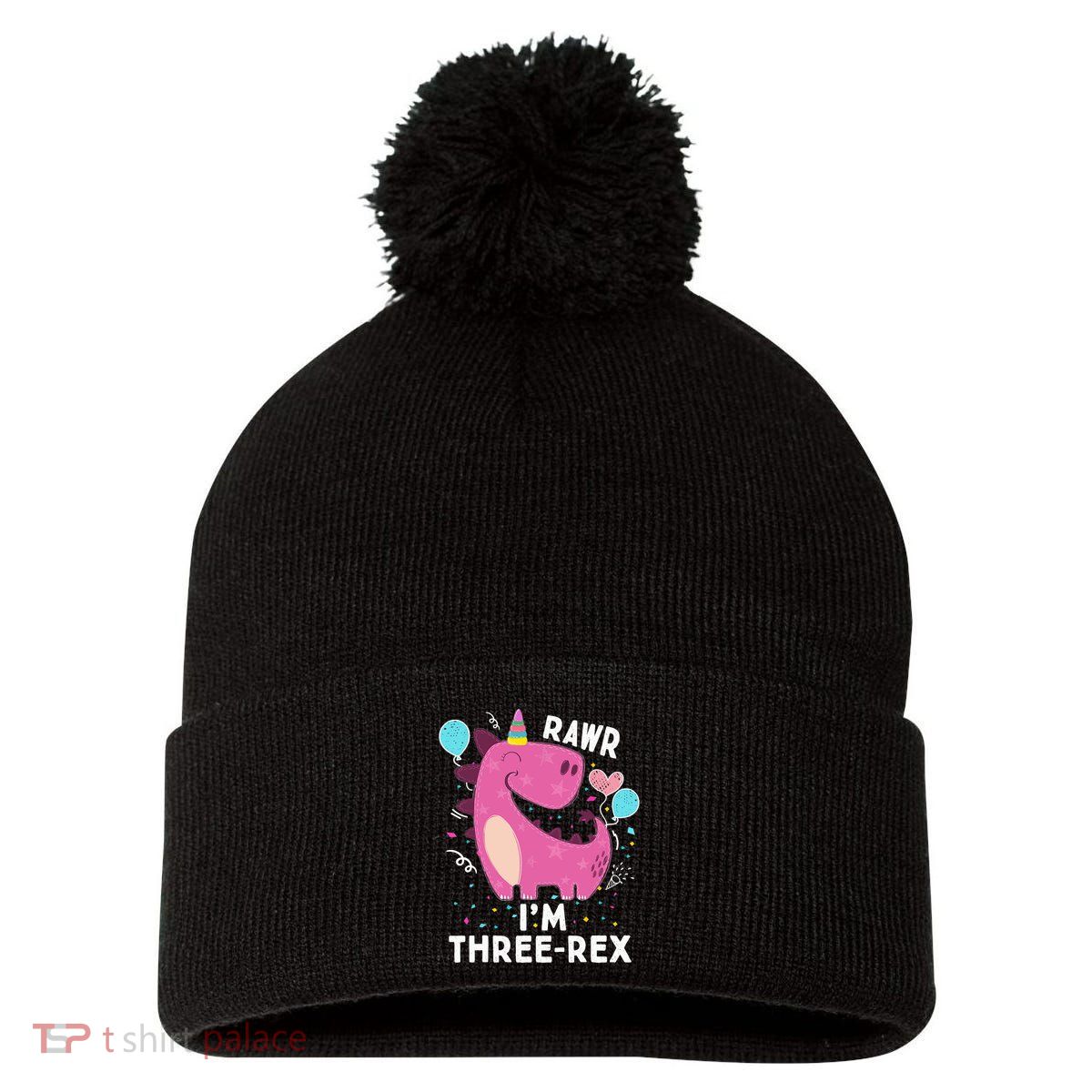 Rawr I'm Three-Rex 3rd Birthday Gifts 3 Year Old Dinosaur Pom Pom 12in Knit Beanie