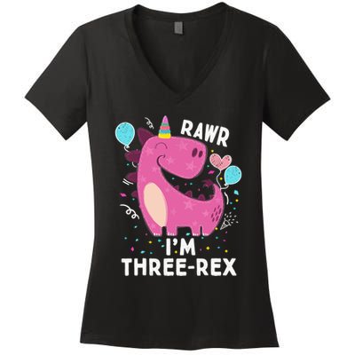 Rawr I'm Three-Rex 3rd Birthday Gifts 3 Year Old Dinosaur Women's V-Neck T-Shirt