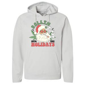 Rollin Into The Holidays Funny Marijuana Santa Performance Fleece Hoodie