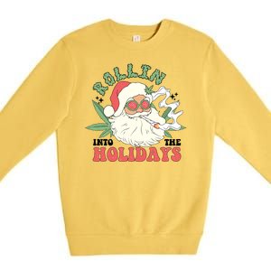 Rollin Into The Holidays Funny Marijuana Santa Premium Crewneck Sweatshirt