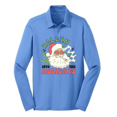 Rollin Into The Holidays Funny Marijuana Santa Silk Touch Performance Long Sleeve Polo