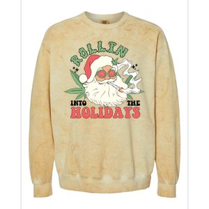 Rollin Into The Holidays Funny Marijuana Santa Colorblast Crewneck Sweatshirt