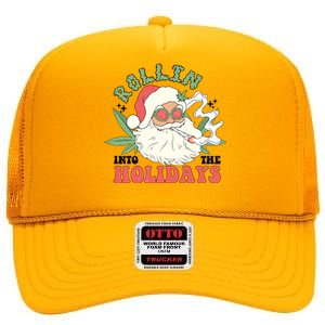 Rollin Into The Holidays Funny Marijuana Santa High Crown Mesh Back Trucker Hat