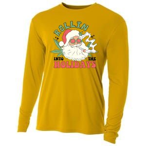 Rollin Into The Holidays Funny Marijuana Santa Cooling Performance Long Sleeve Crew