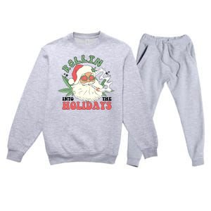 Rollin Into The Holidays Funny Marijuana Santa Premium Crewneck Sweatsuit Set