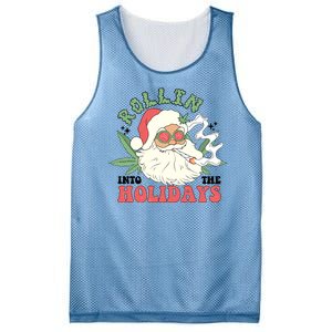 Rollin Into The Holidays Funny Marijuana Santa Mesh Reversible Basketball Jersey Tank