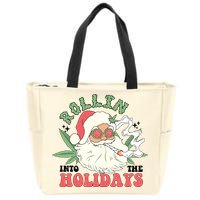 Rollin Into The Holidays Funny Marijuana Santa Zip Tote Bag
