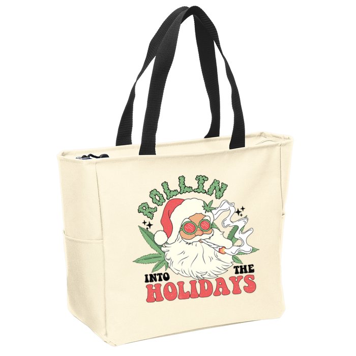 Rollin Into The Holidays Funny Marijuana Santa Zip Tote Bag