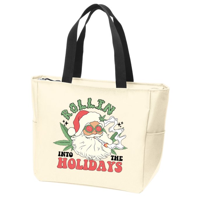 Rollin Into The Holidays Funny Marijuana Santa Zip Tote Bag