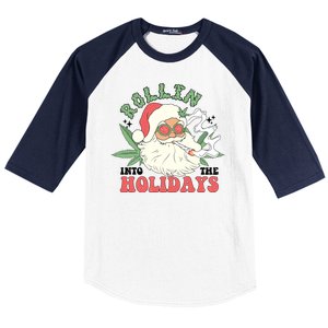 Rollin Into The Holidays Funny Marijuana Santa Baseball Sleeve Shirt