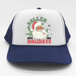 Rollin Into The Holidays Funny Marijuana Santa Trucker Hat