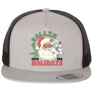 Rollin Into The Holidays Funny Marijuana Santa Flat Bill Trucker Hat