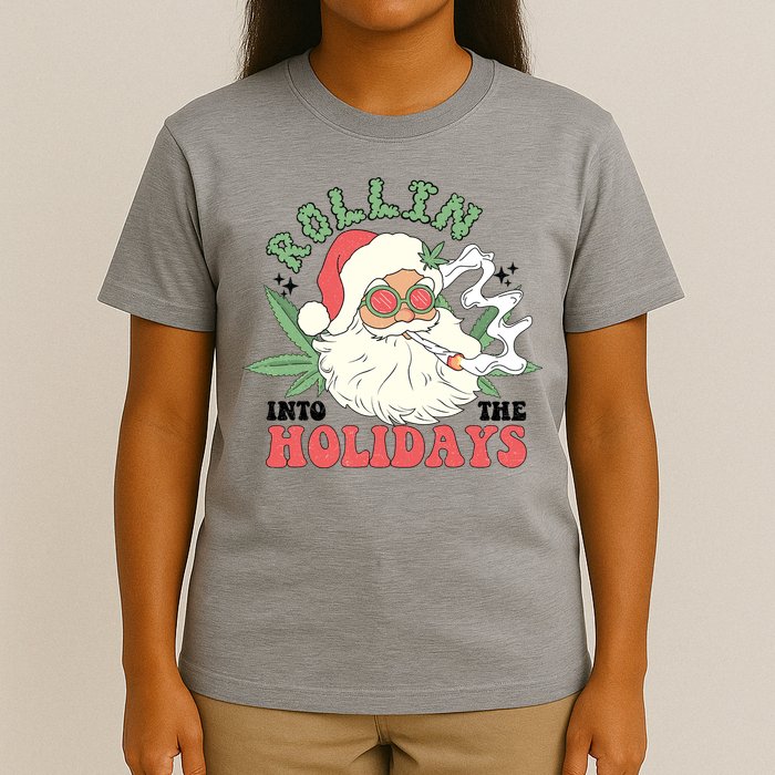 Rollin Into The Holidays Funny Marijuana Santa T-Shirt