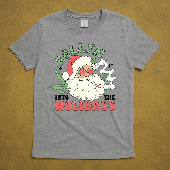 Rollin Into The Holidays Funny Marijuana Santa T-Shirt