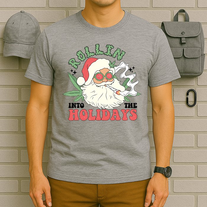 Rollin Into The Holidays Funny Marijuana Santa T-Shirt