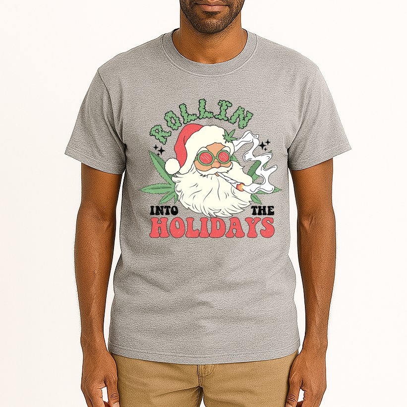 Rollin Into The Holidays Funny Marijuana Santa Tall T-Shirt