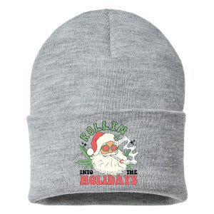 Rollin Into The Holidays Funny Marijuana Santa Sustainable Knit Beanie