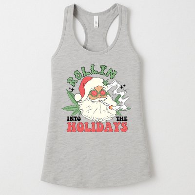 Rollin Into The Holidays Funny Marijuana Santa Womens Tank Top
