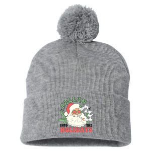 Rollin Into The Holidays Funny Marijuana Santa Pom Pom 12in Knit Beanie