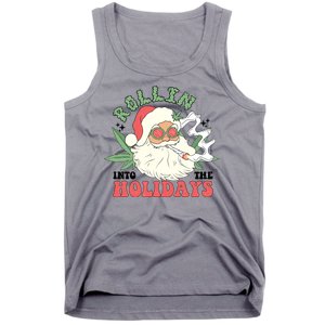 Rollin Into The Holidays Funny Marijuana Santa Tank Top