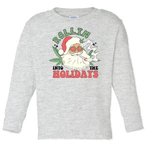 Rollin Into The Holidays Funny Marijuana Santa Toddler Long Sleeve Shirt