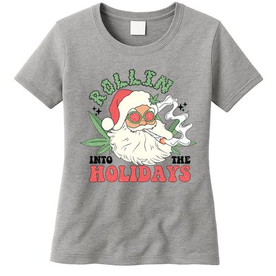 Rollin Into The Holidays Funny Marijuana Santa Womens T-Shirt