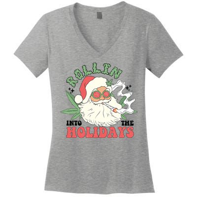 Rollin Into The Holidays Funny Marijuana Santa Women's V-Neck T-Shirt