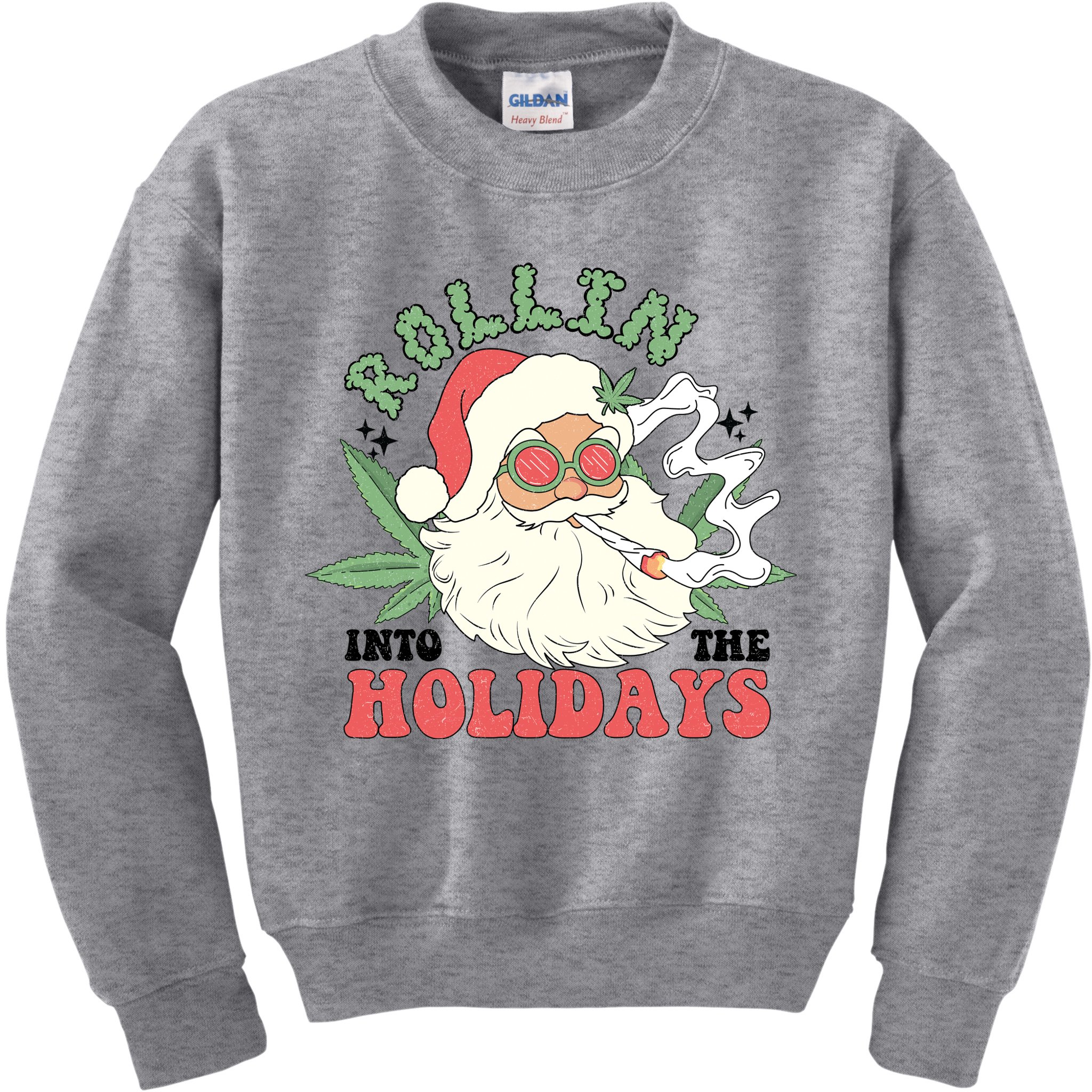 Rollin Into The Holidays Funny Marijuana Santa Kids Sweatshirt