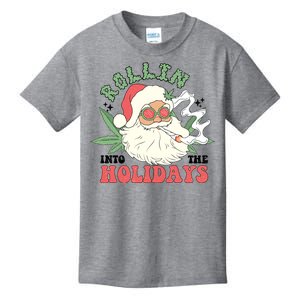 Rollin Into The Holidays Funny Marijuana Santa Kids T-Shirt