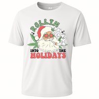 Rollin Into The Holidays Funny Marijuana Santa Cooling Performance Crew T-Shirt