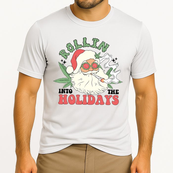 Rollin Into The Holidays Funny Marijuana Santa Cooling Performance Crew T-Shirt