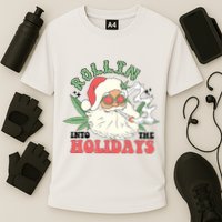 Rollin Into The Holidays Funny Marijuana Santa Cooling Performance Crew T-Shirt