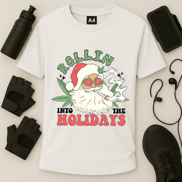Rollin Into The Holidays Funny Marijuana Santa Cooling Performance Crew T-Shirt