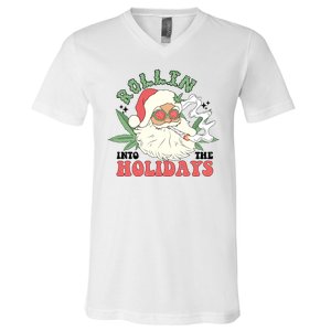 Rollin Into The Holidays Funny Marijuana Santa V-Neck T-Shirt