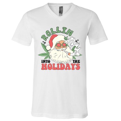 Rollin Into The Holidays Funny Marijuana Santa V-Neck T-Shirt